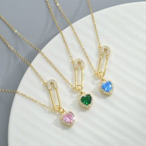 Womens Necklaces & Pendants | Color Gemstone Heart Safety Pin Necklace Jewelry Necklaces & Pendants